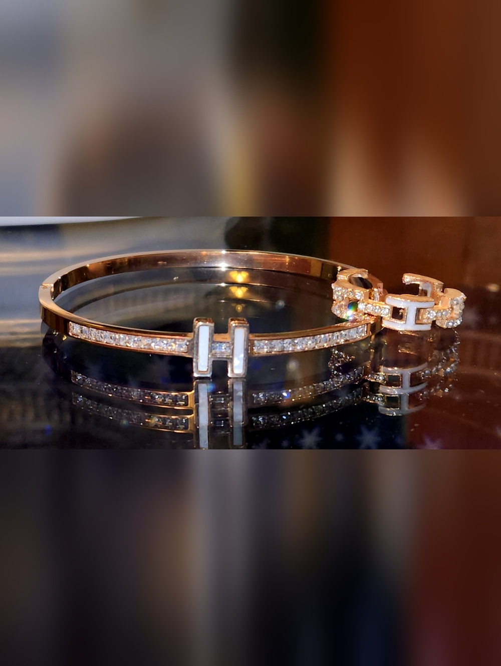 2pcs CZ Enamel H Initial Bangle Gold Plated Bracelet & CZ Ring with White Inlay